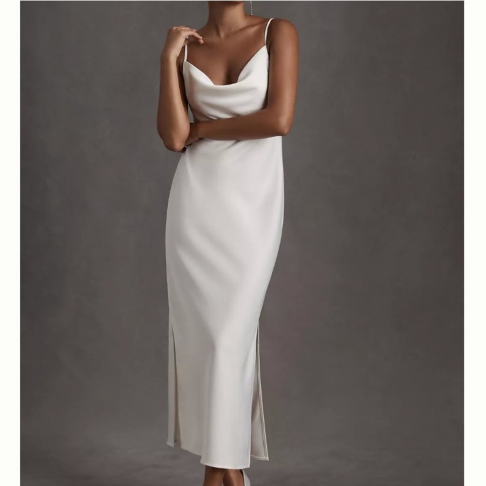 BHLDN Cali Satin Cowl-Neck Midi Slip Dress Ivory